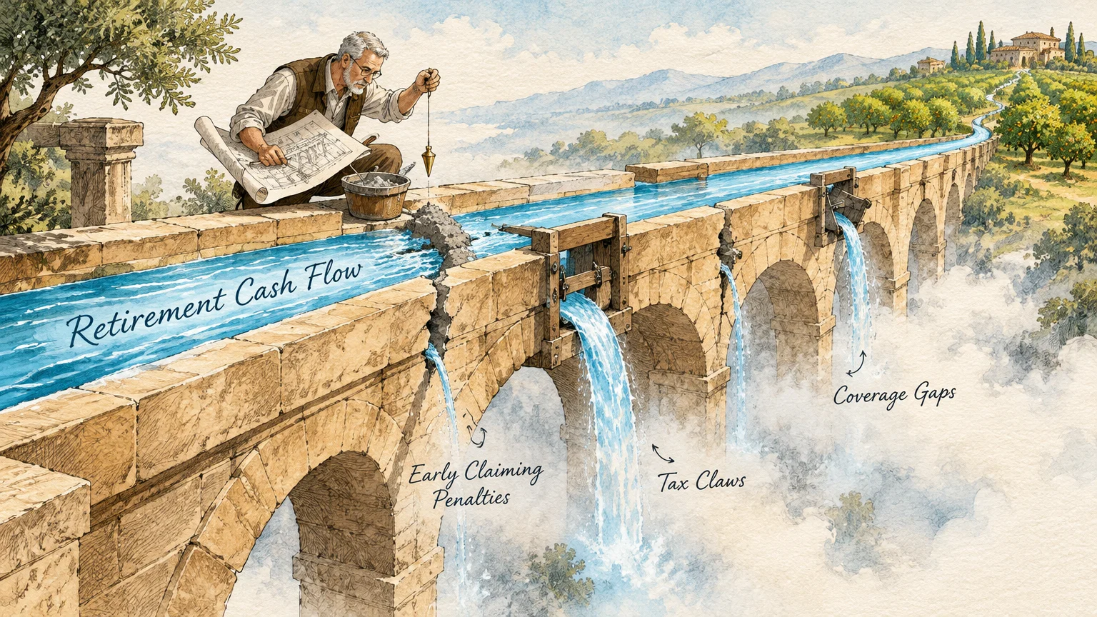 Illustration of an older engineer inspecting an aqueduct labeled Retirement Cash Flow leaking water through various gaps.