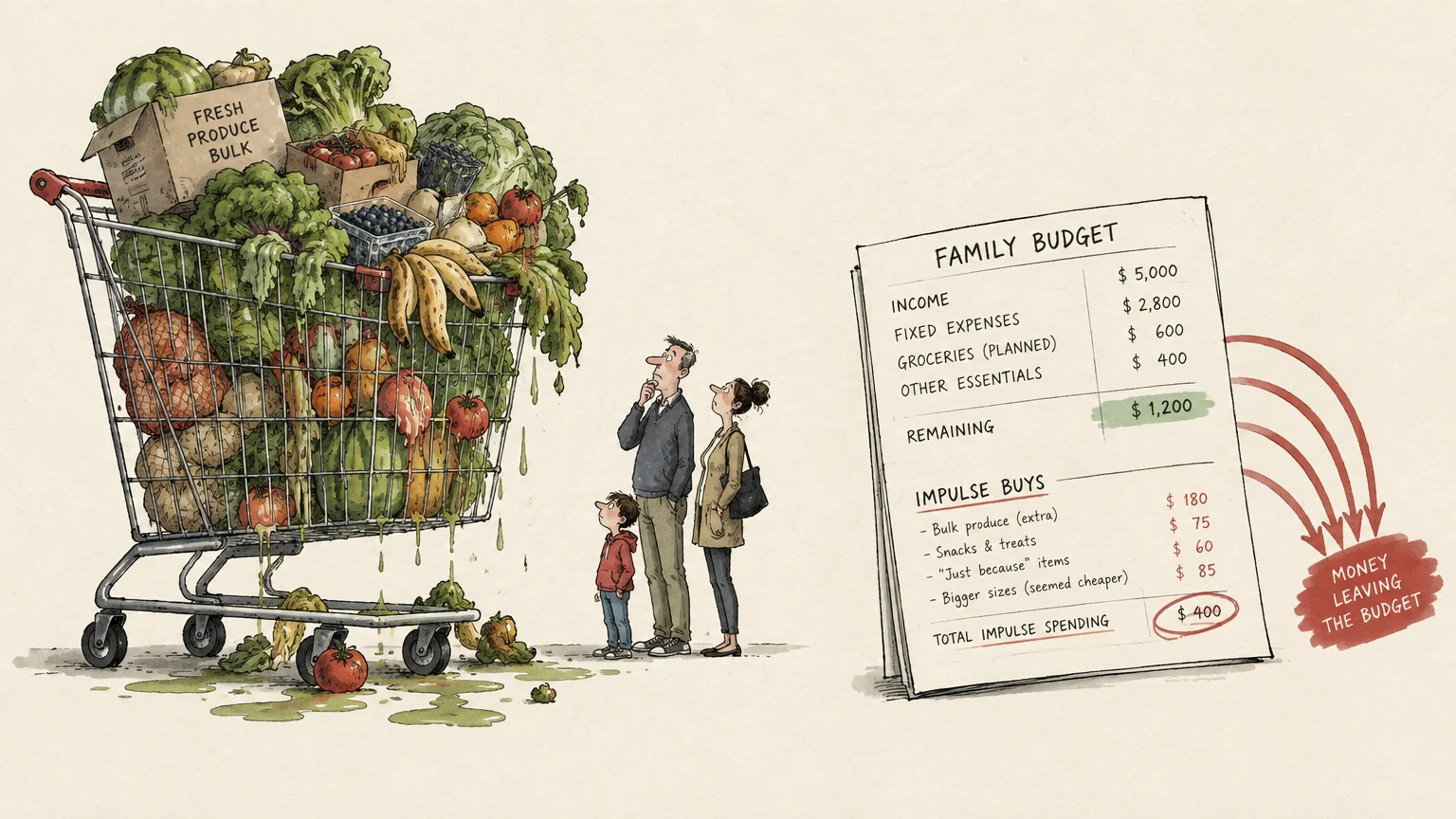 A family stares at a shopping cart overflowing with rotting produce beside an impulse-buying budget sheet.