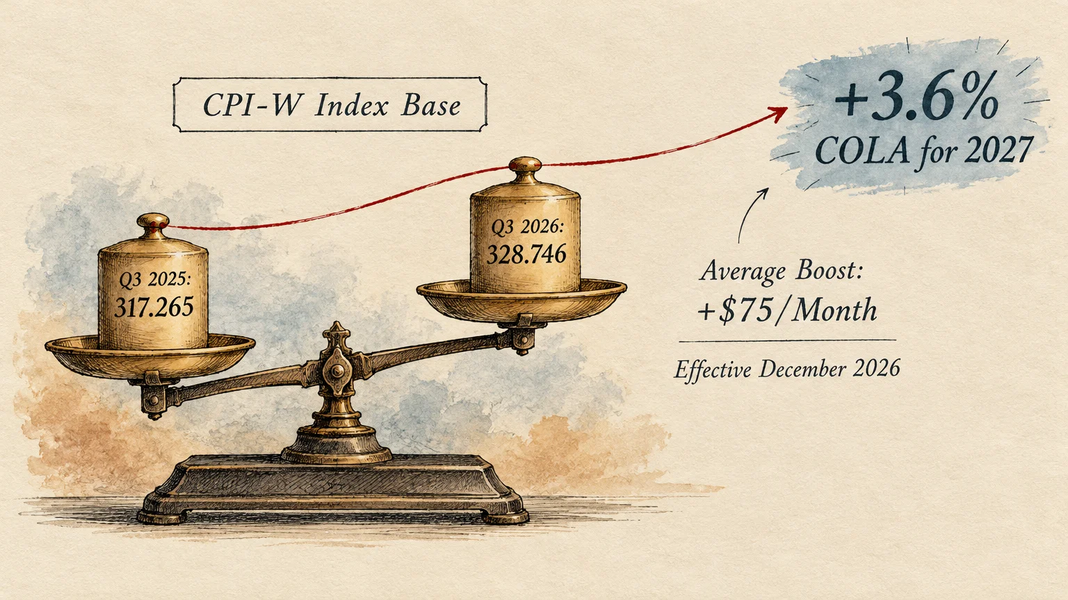 Antique balance scale with brass weights representing CPI-W index levels rising to a 3.6% COLA for 2027.