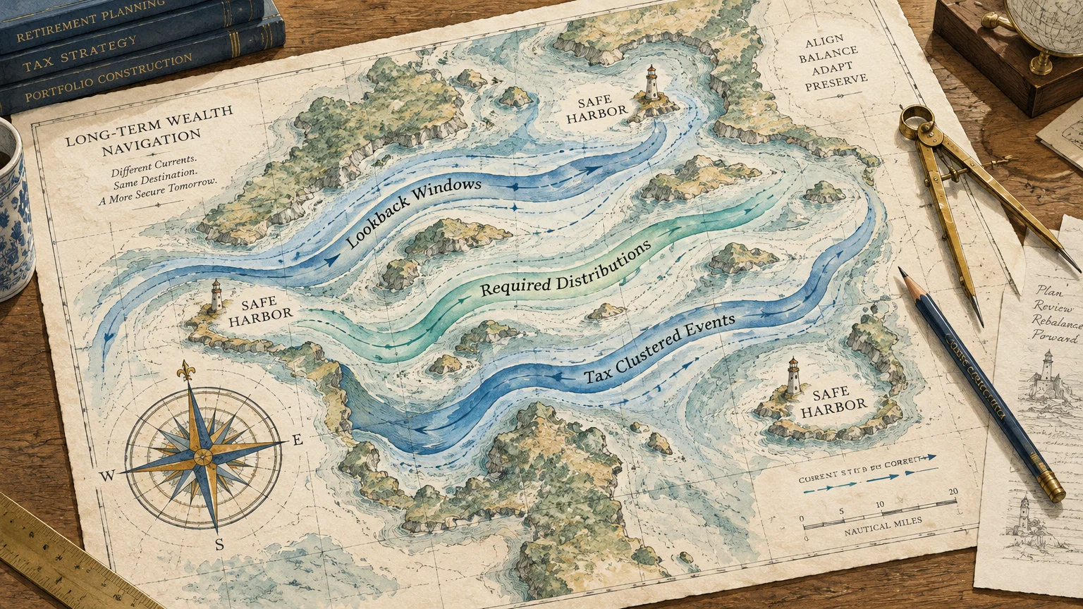 Nautical map illustration with waterways labeled lookback windows and required distributions, beside drafting tools.