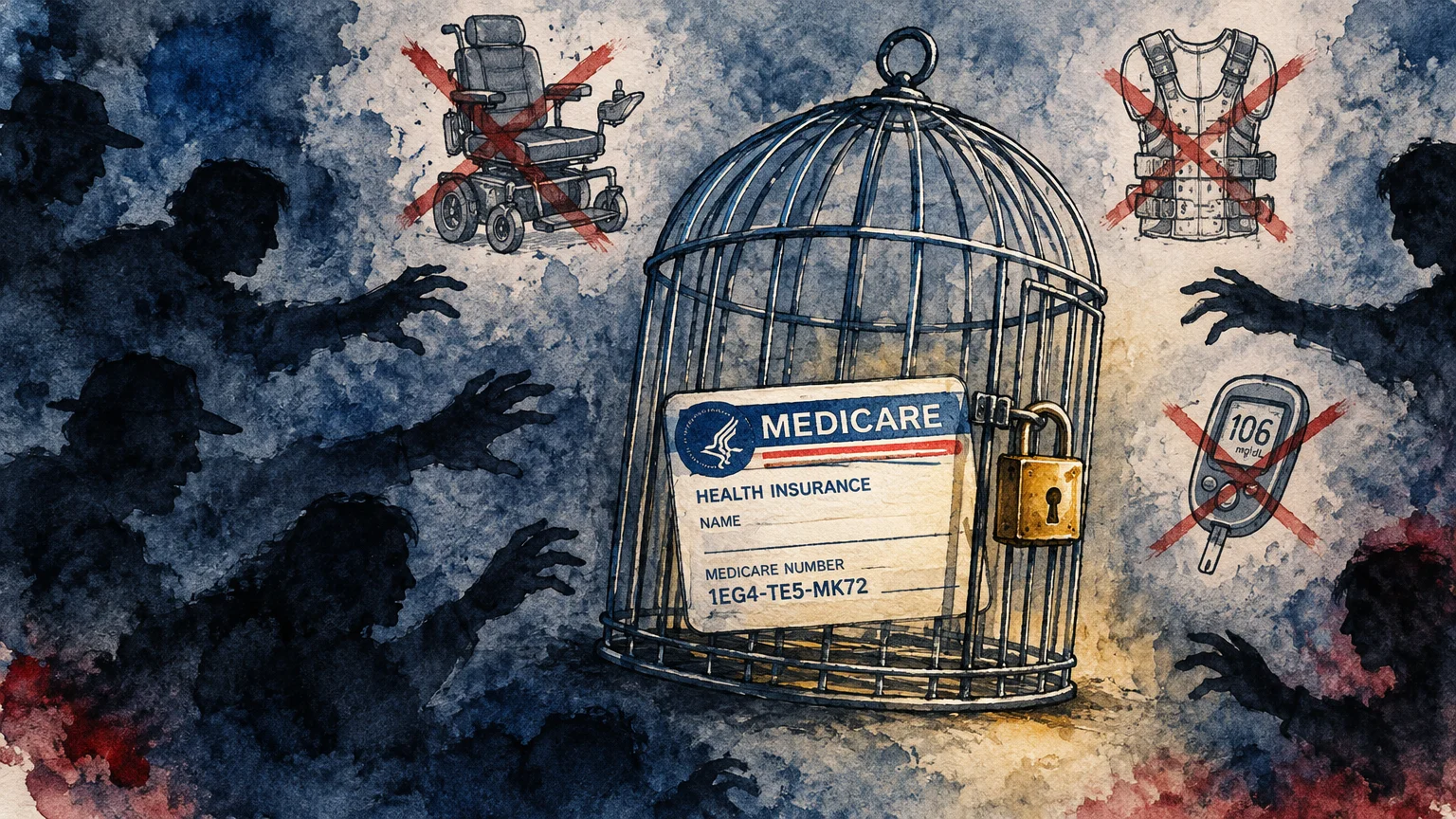 Medicare card inside a locked birdcage, surrounded by shadowy reaching hands and crossed-out medical equipment.