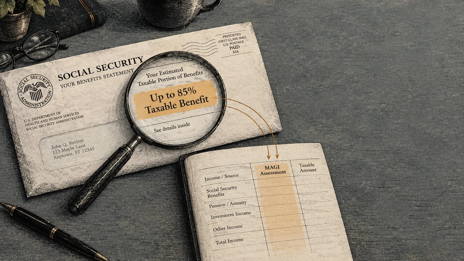Illustration of a Social Security statement viewed through a magnifying glass pointing toward a tax calculation notebook.