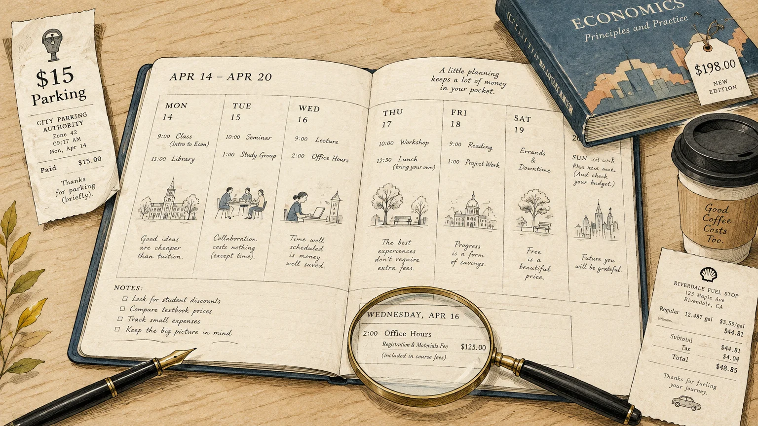 Open weekly planner surrounded by a magnifying glass, fountain pen, parking ticket, textbook, and coffee cup on a desk.