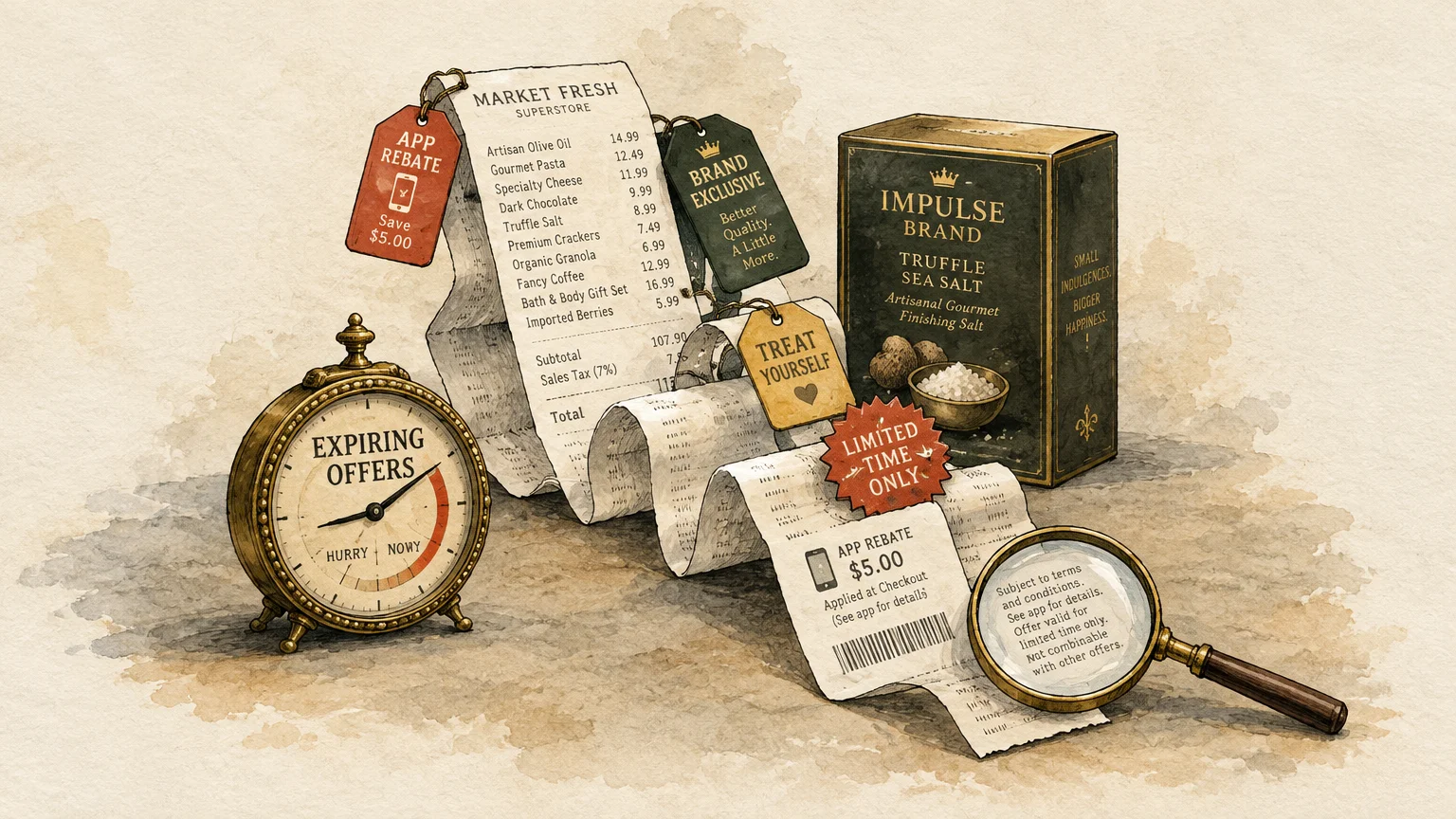 Illustration of a long grocery receipt with promotional tags, a clock labeled expiring offers, and a magnifying glass.