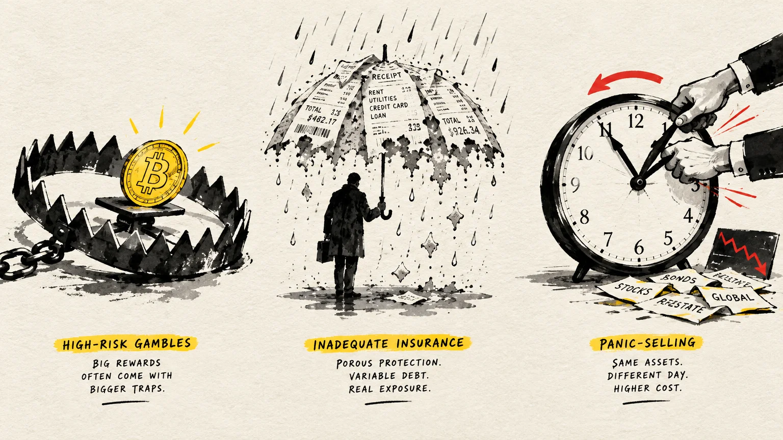 Three panels illustrating financial pitfalls: a bitcoin in a bear trap, a receipt umbrella, and hands turning back a clock.