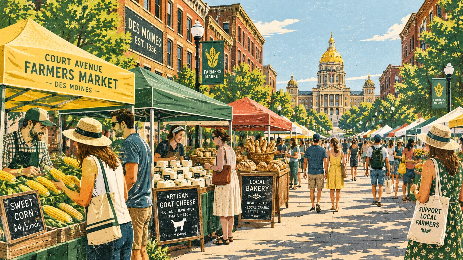 Illustration of a bustling street farmers market with produce tents leading toward the Iowa State Capitol building.