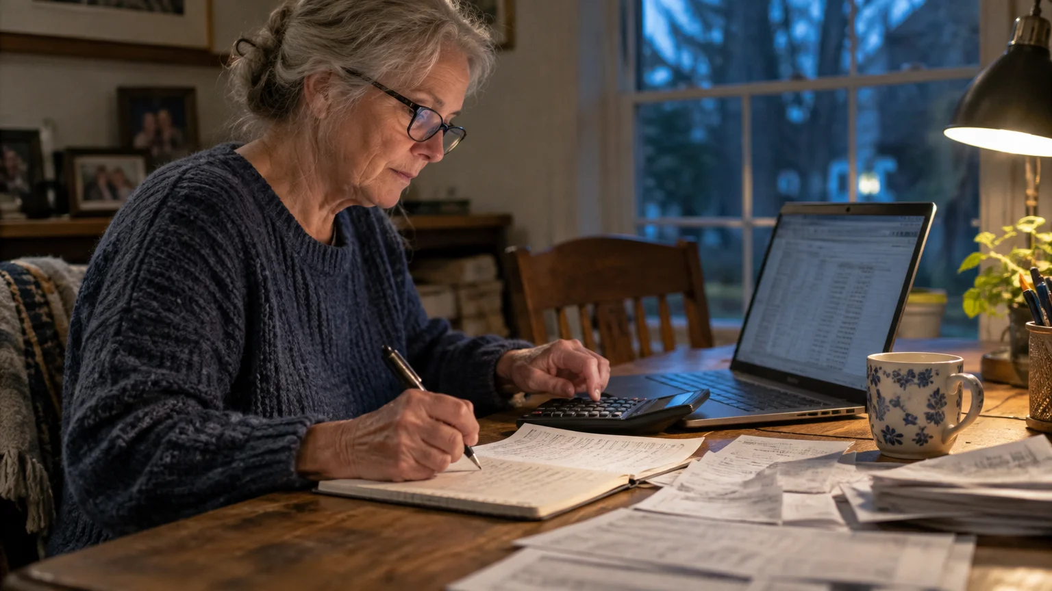 A woman with glasses writes in a notebook beside a laptop, calculator, and receipts at a wooden table at night.