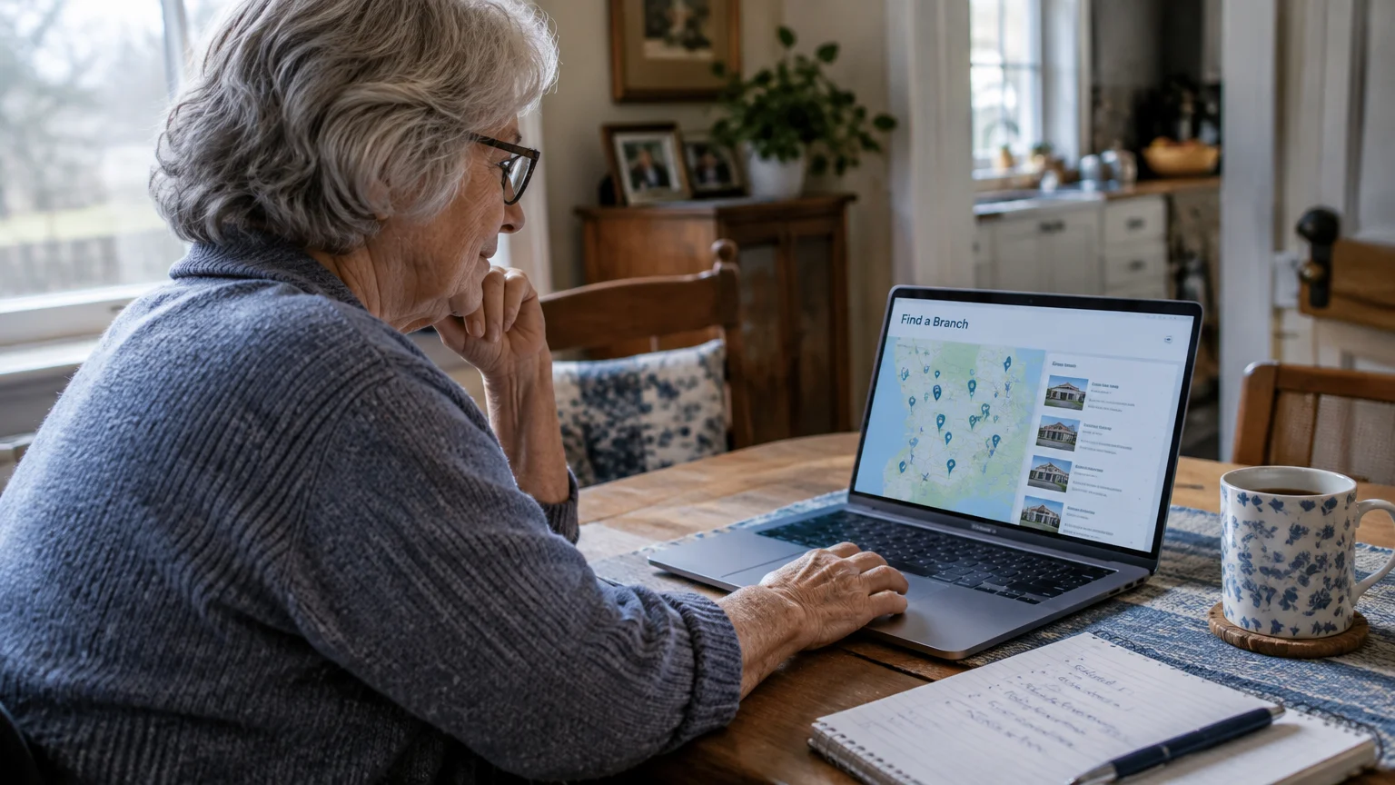 Senior woman sitting at a dining table viewing a branch locator map on a laptop screen.