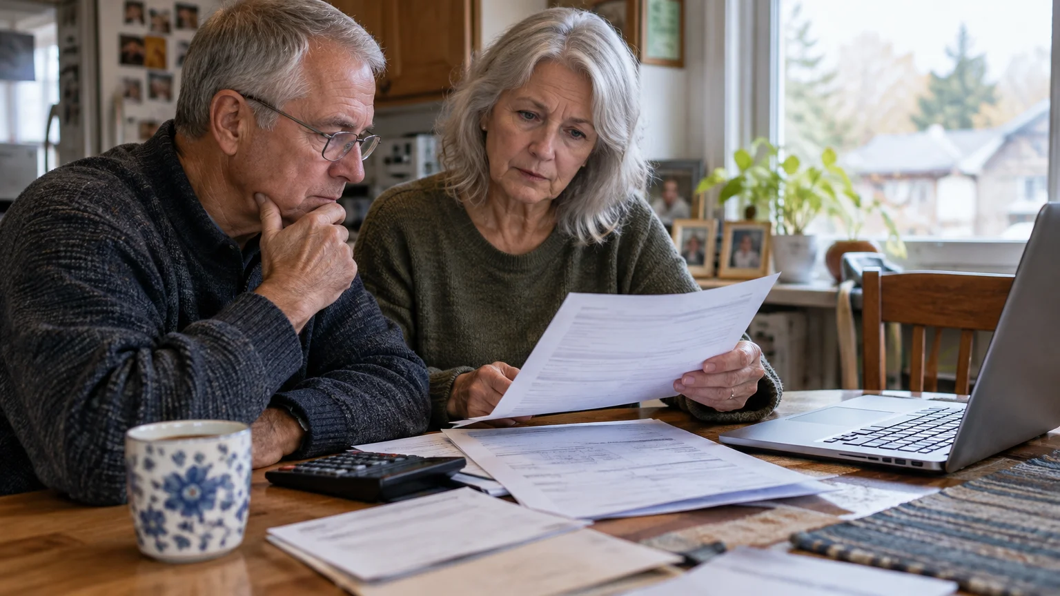 An older couple sitting at a wooden table looking intently at paperwork next to a laptop and calculator.