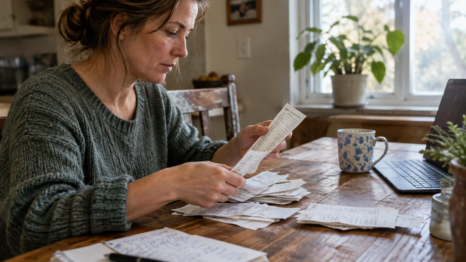 Woman sitting at a wooden table examining paper receipts alongside a laptop, notebook, and coffee mug.