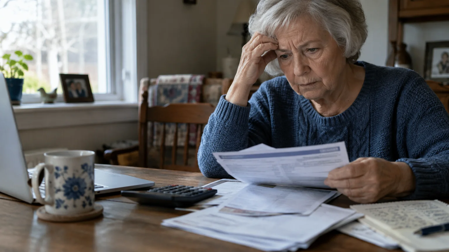 A senior woman with grey hair looks worried while reviewing paper statements at a wooden desk with a laptop and calculator.