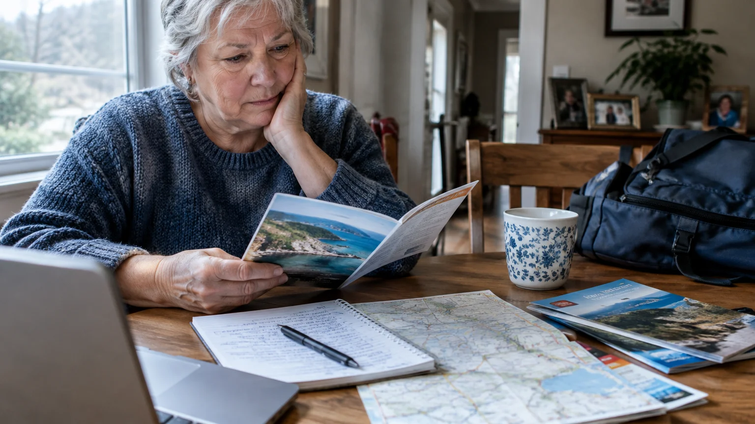 Senior woman sitting at a dining table with a laptop, map, and notepad, reading a travel brochure.