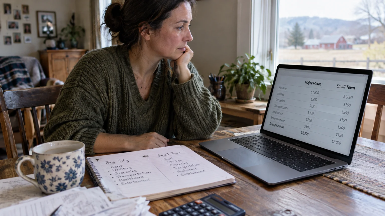A woman reviews a cost comparison table comparing major metro and small town living expenses on her laptop.