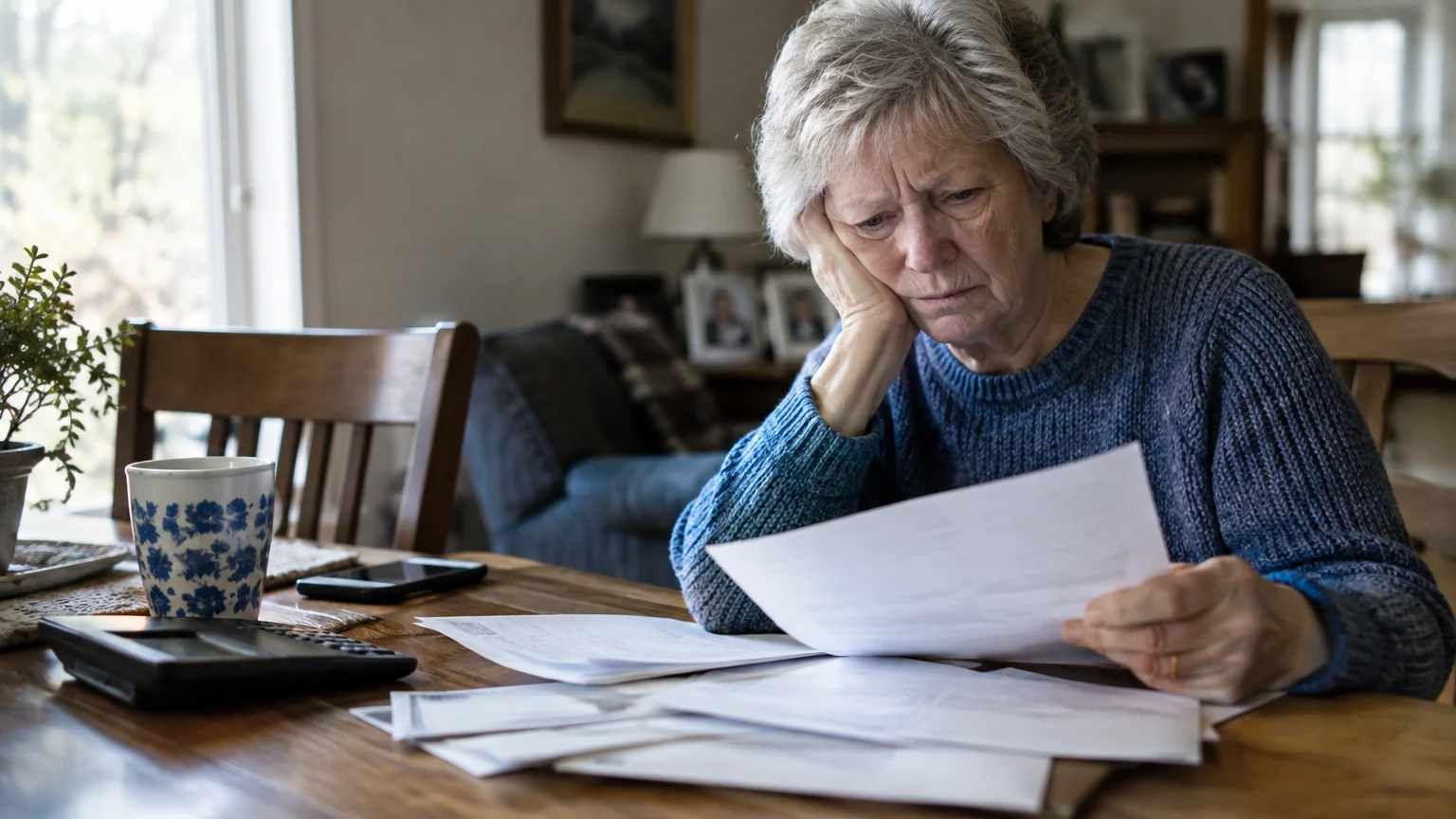 An older woman rests her head on her hand while anxiously reviewing paperwork and bills at a dining table.