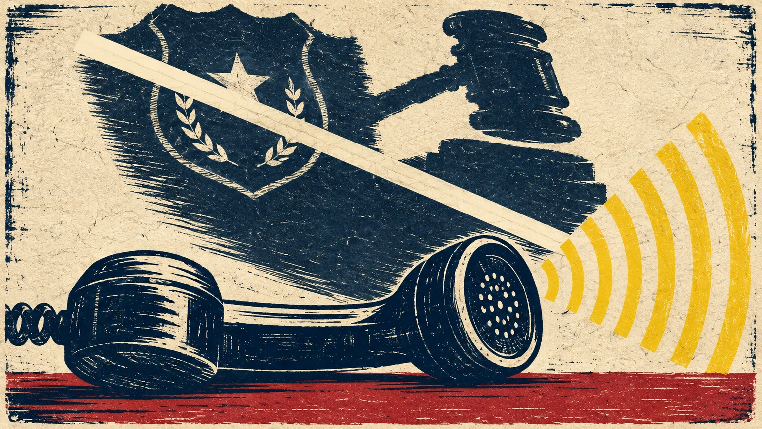 Screenprint illustration of a phone receiver emitting sound waves before a dark police badge and a judge's gavel.