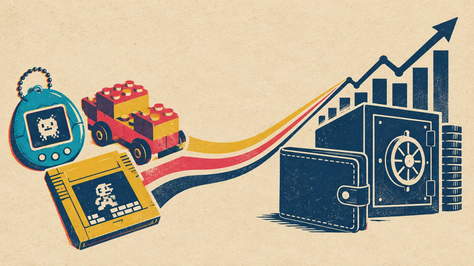 Retro toys leading via colored stripes to a wallet, a bank safe, and a rising financial bar chart with an upward arrow.