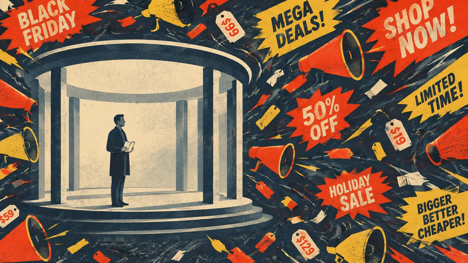 Illustration of a man holding a book inside a calm pavilion surrounded by megaphones shouting Black Friday sales promos.