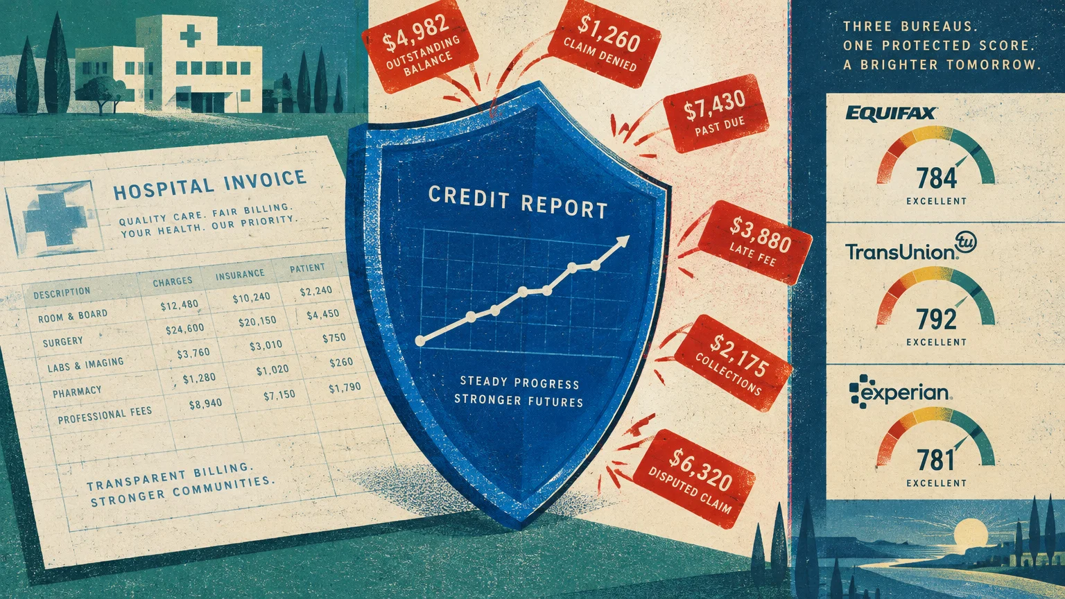 Illustration of a blue credit report shield deflecting medical debt bills, beside a hospital invoice and credit scores.