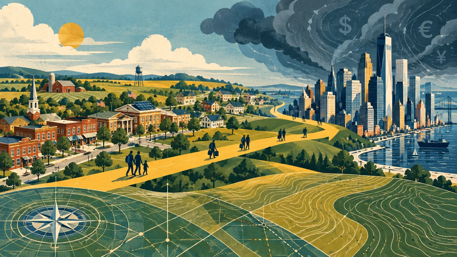 Illustration of a yellow path leading from a stormy modern city skyline toward a sunny, idyllic rural town.