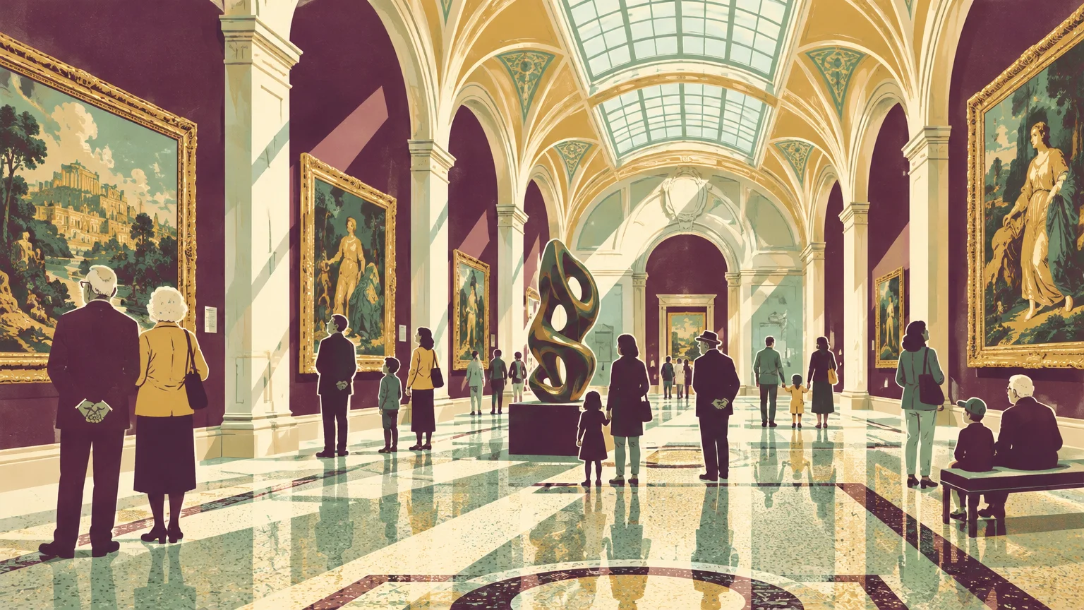 Illustration of museum visitors walking through a grand vaulted gallery with framed paintings and a central sculpture.
