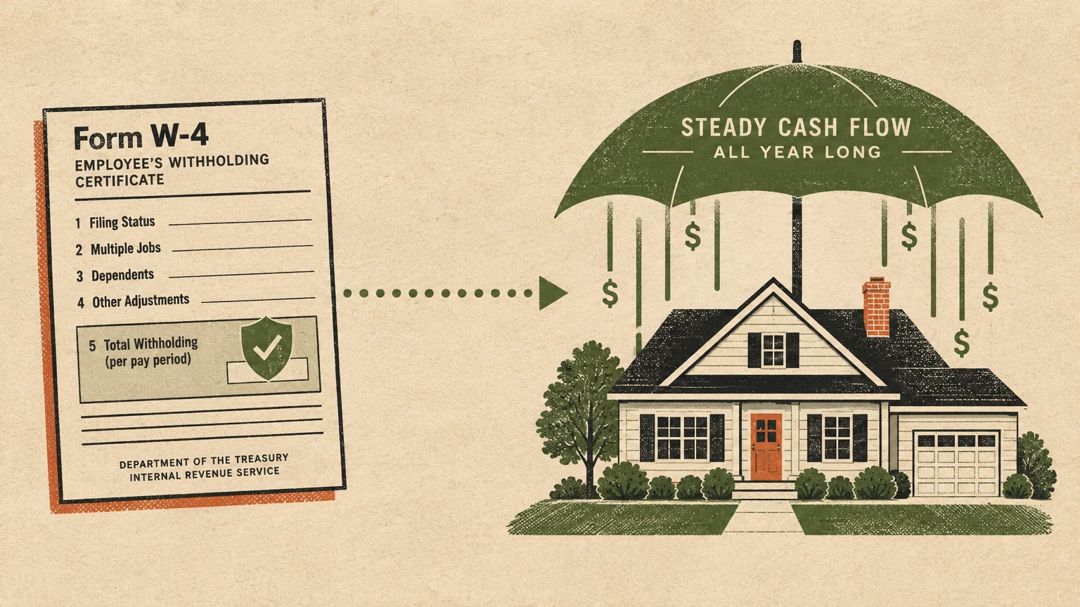 Form W-4 pointing to a house sheltered by an umbrella labeled steady cash flow all year long with falling dollar signs.