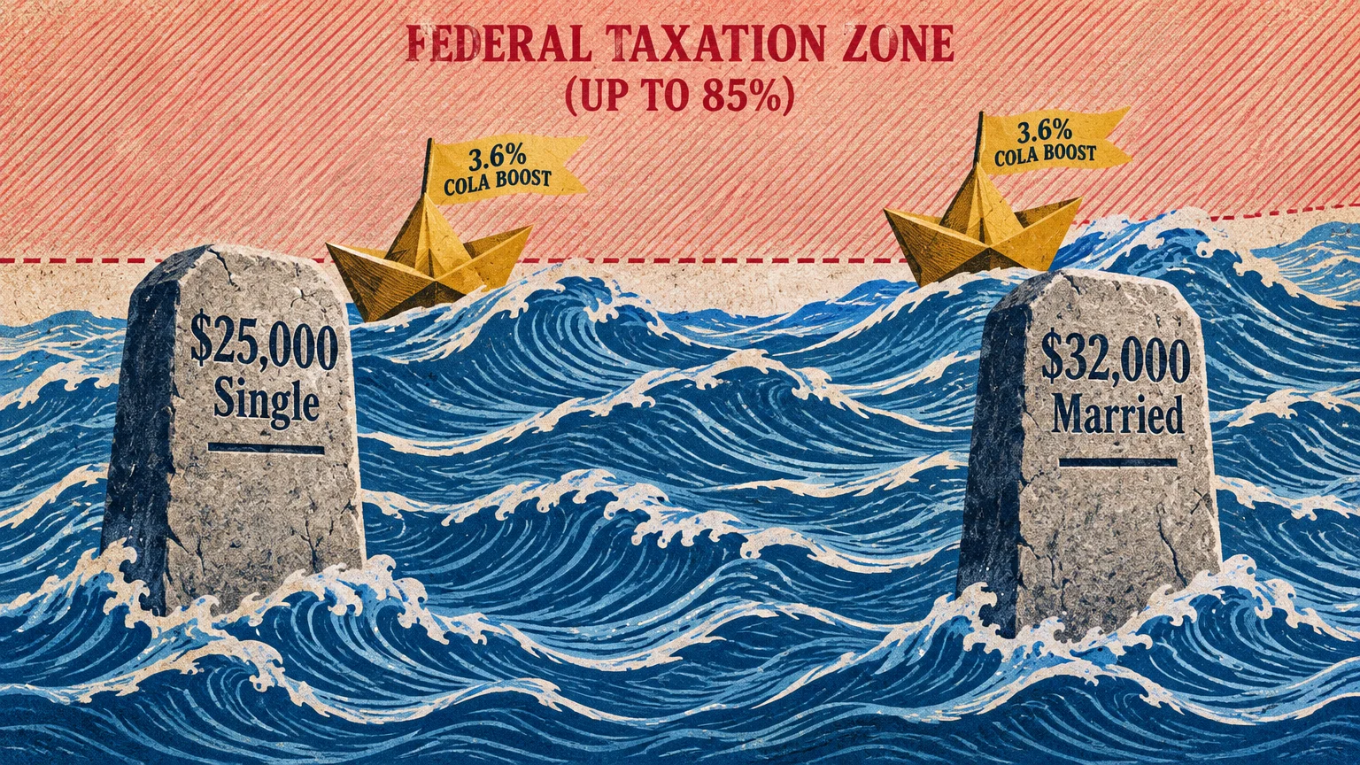 Paper boats with COLA boost flags sail rough waves between stone markers labeled $25,000 Single and $32,000 Married.