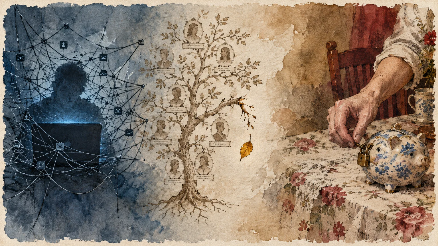 Illustration of a hacker at a laptop, a family tree, and an elderly hand reaching toward a locked ceramic piggy bank.