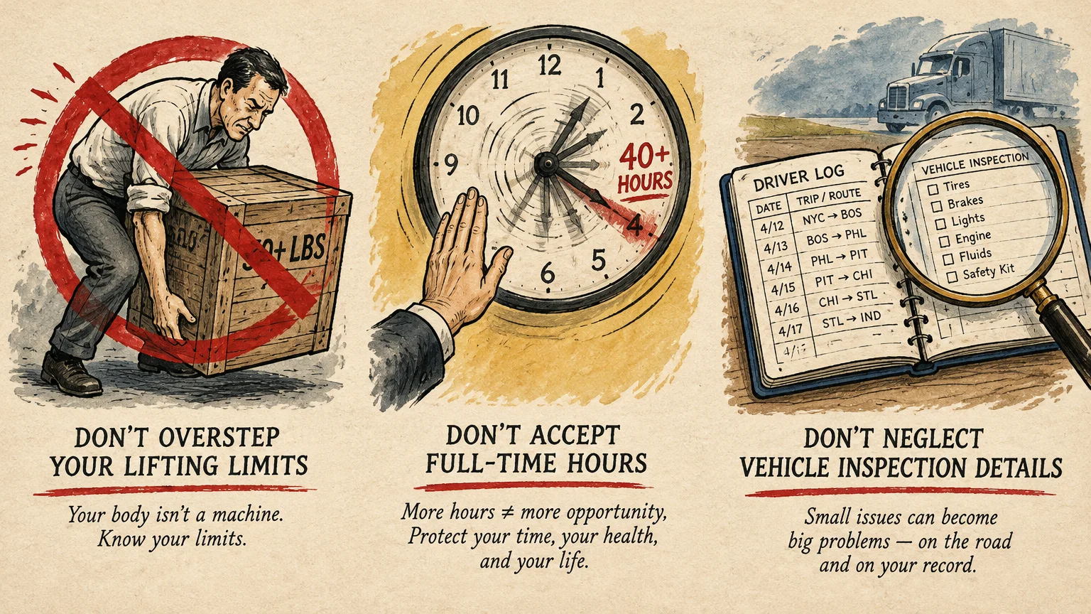 Three panels showing a man lifting a crate, a clock marked 40+ hours, and a driver log under a magnifying glass.