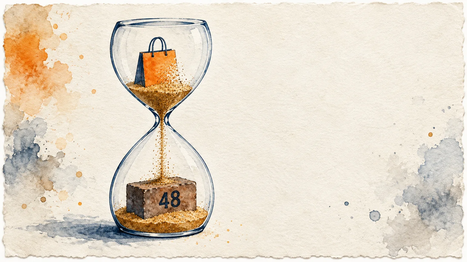 Watercolor illustration of an hourglass with a shopping bag in the top chamber and a block marked 48 in the bottom.