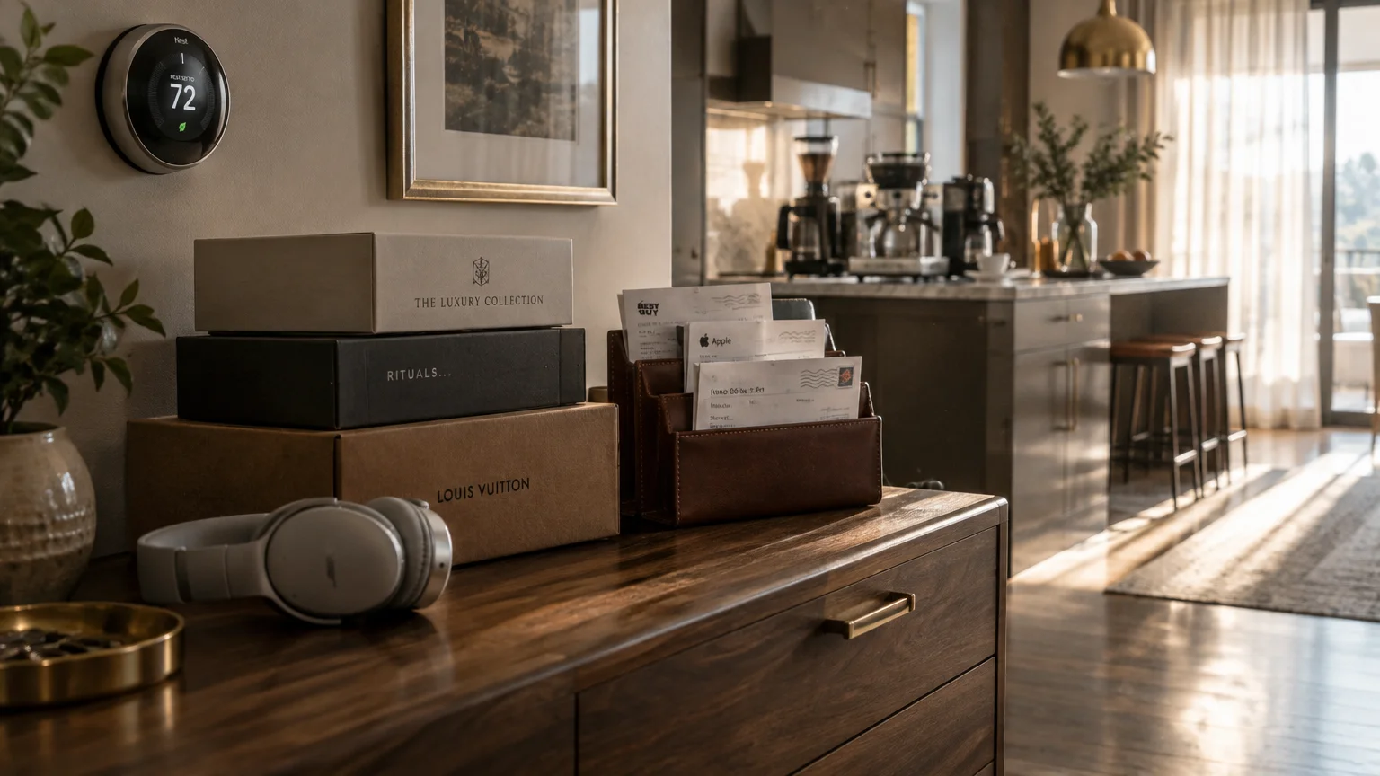 Luxury delivery boxes, headphones, and a mail organizer resting on a wooden sideboard in a modern open-concept apartment.