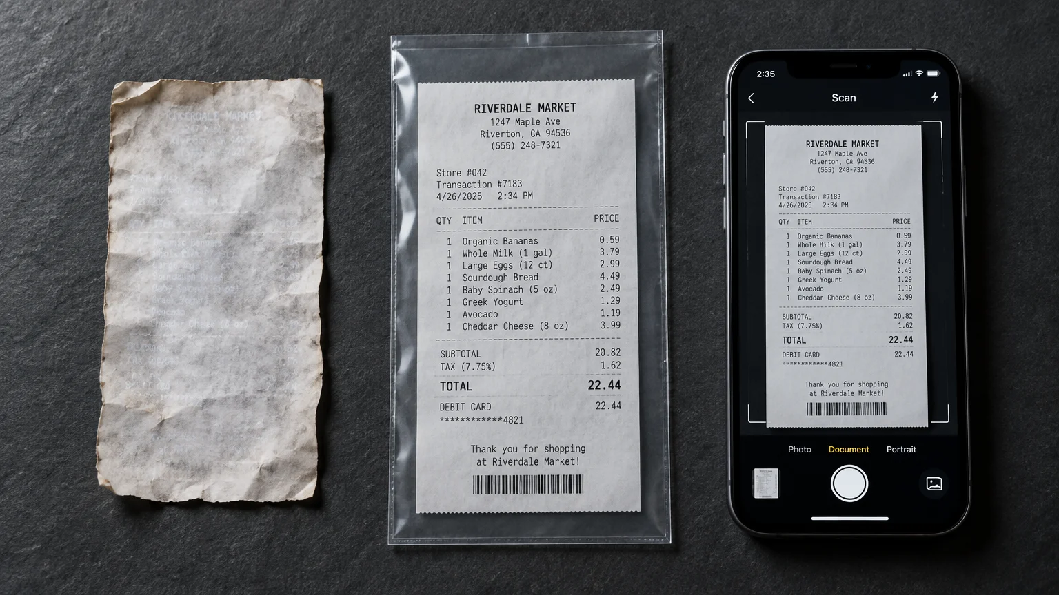 A faded receipt, a fresh receipt in a plastic sleeve, and a smartphone scanning the document on a dark slate surface.