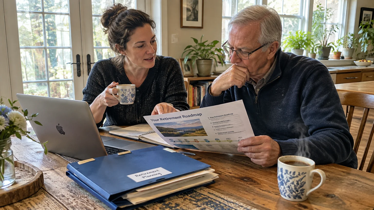 A woman and an older man review a printed retirement roadmap document together at a wooden dining table with a laptop.