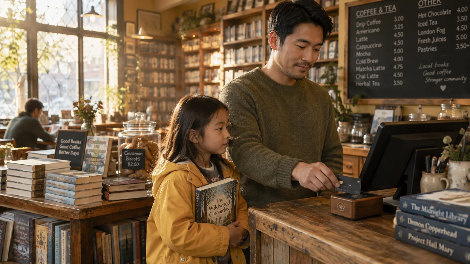 A man pays with a credit card at a cozy bookstore checkout counter beside a young girl holding a book.