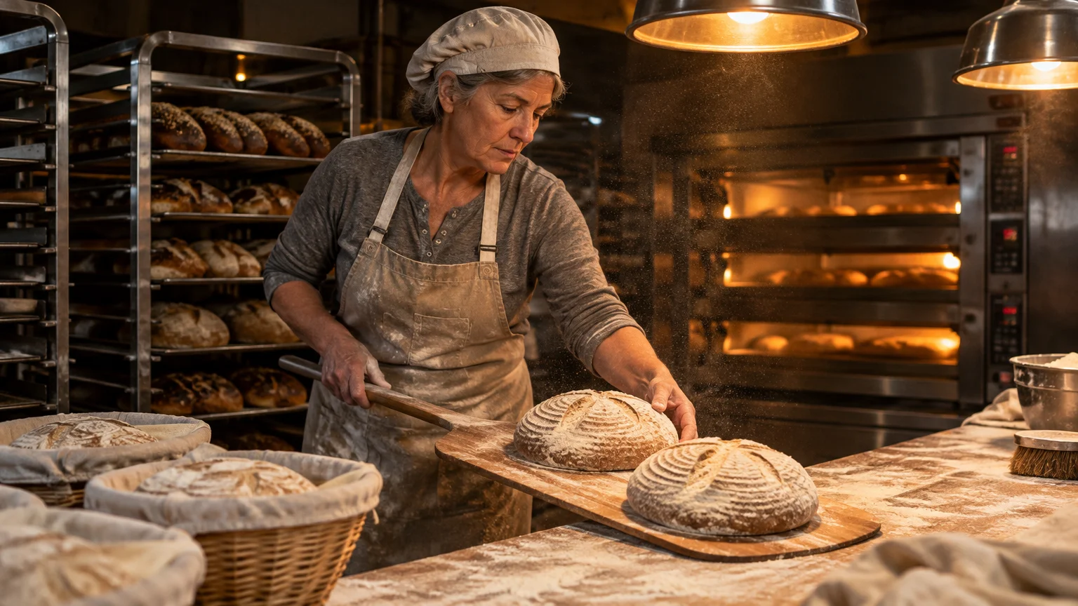 Older woman in a baker's cap and apron holds a wooden peel under dusted sourdough loaves in a commercial bakery.