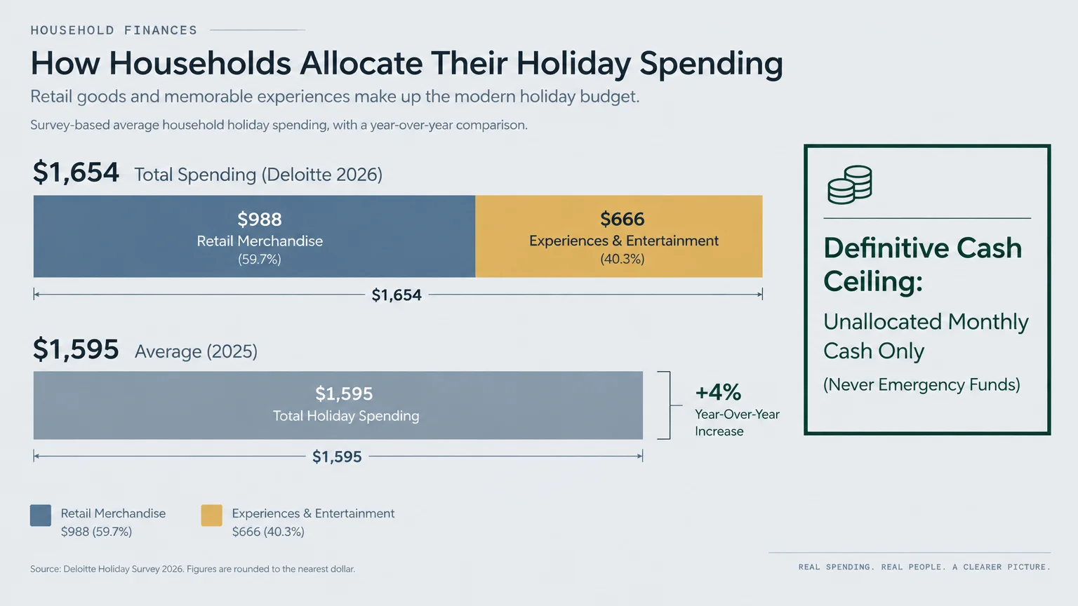 Horizontal bar chart comparing average household holiday spending between 2025 and 2026, alongside a cash ceiling tip.