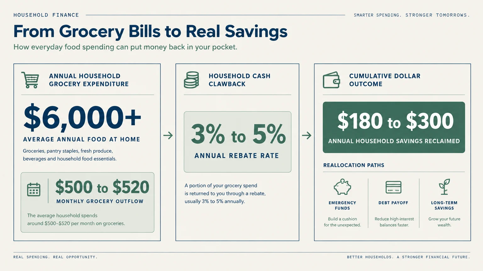 Diagram outlining grocery spending of over $6,000, a 3% to 5% rebate, and $180 to $300 in cumulative savings.
