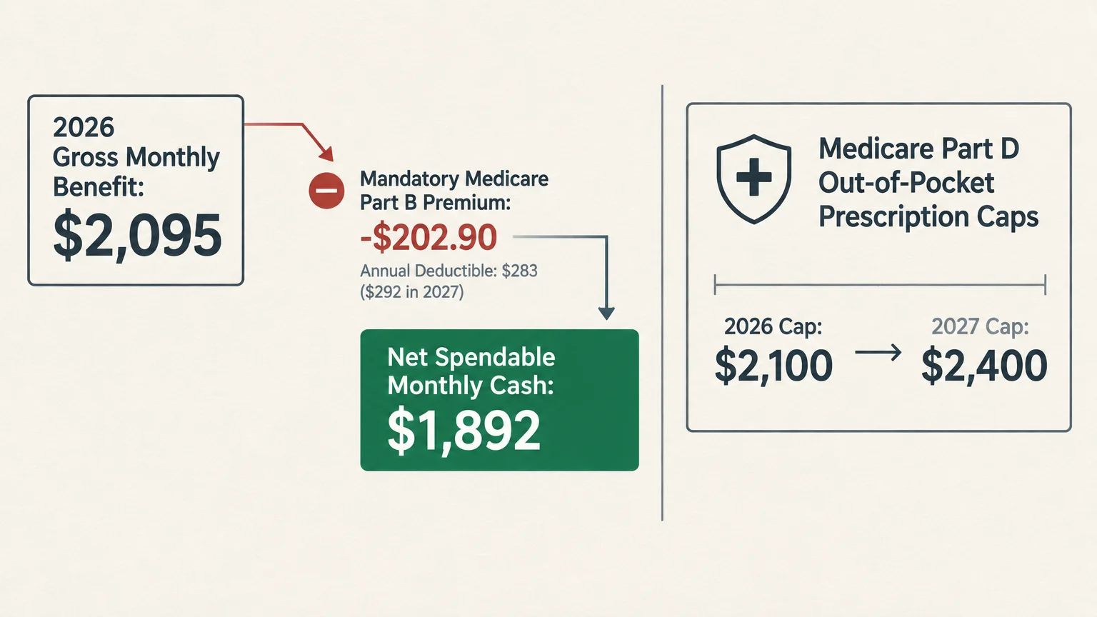 Diagram showing a $2,095 gross benefit minus a $202.90 Part B premium, leaving $1,892 net cash, alongside Part D caps.