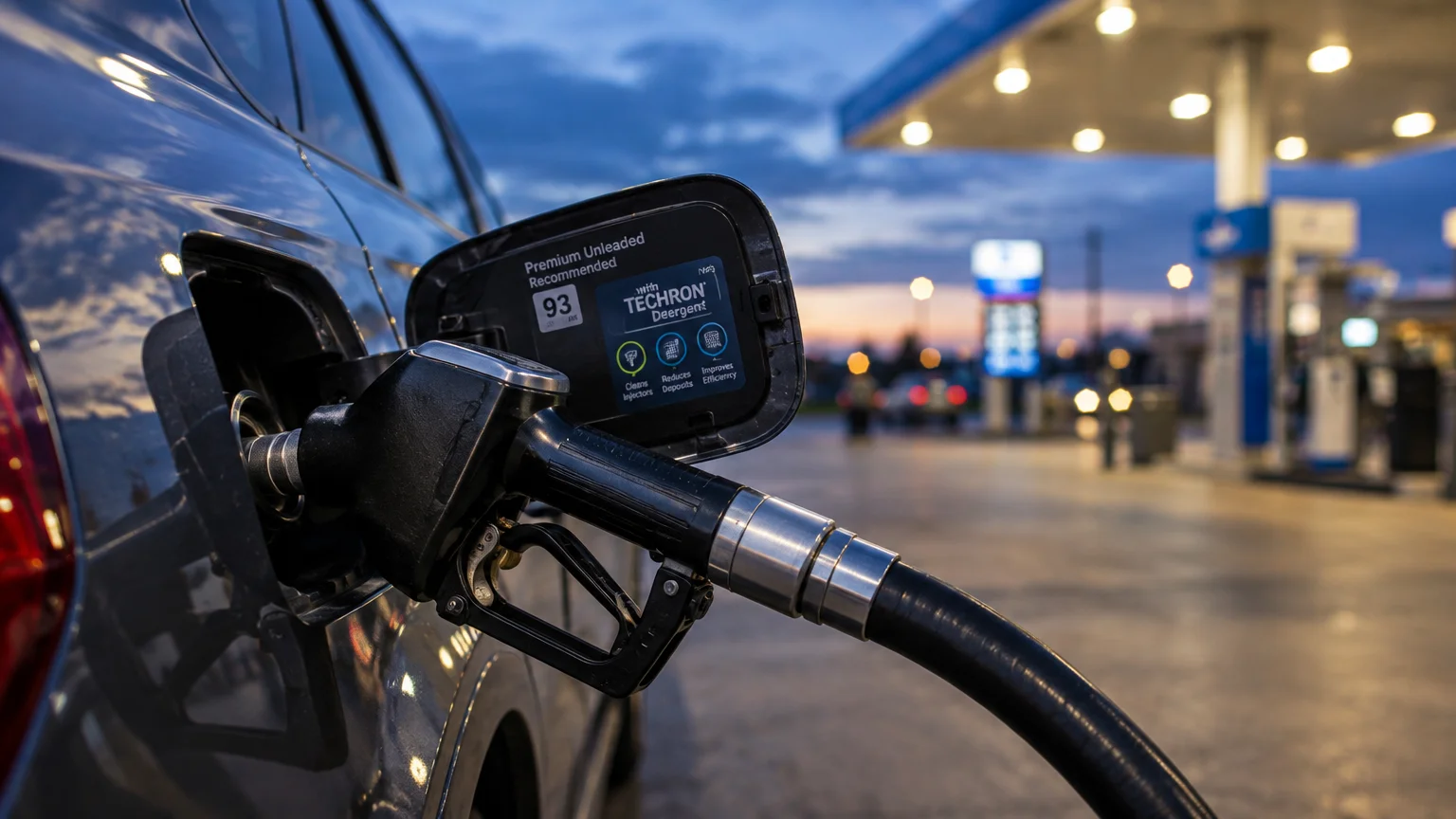 A fuel nozzle inserted into a car's open gas tank at a brightly lit gas station during dusk.