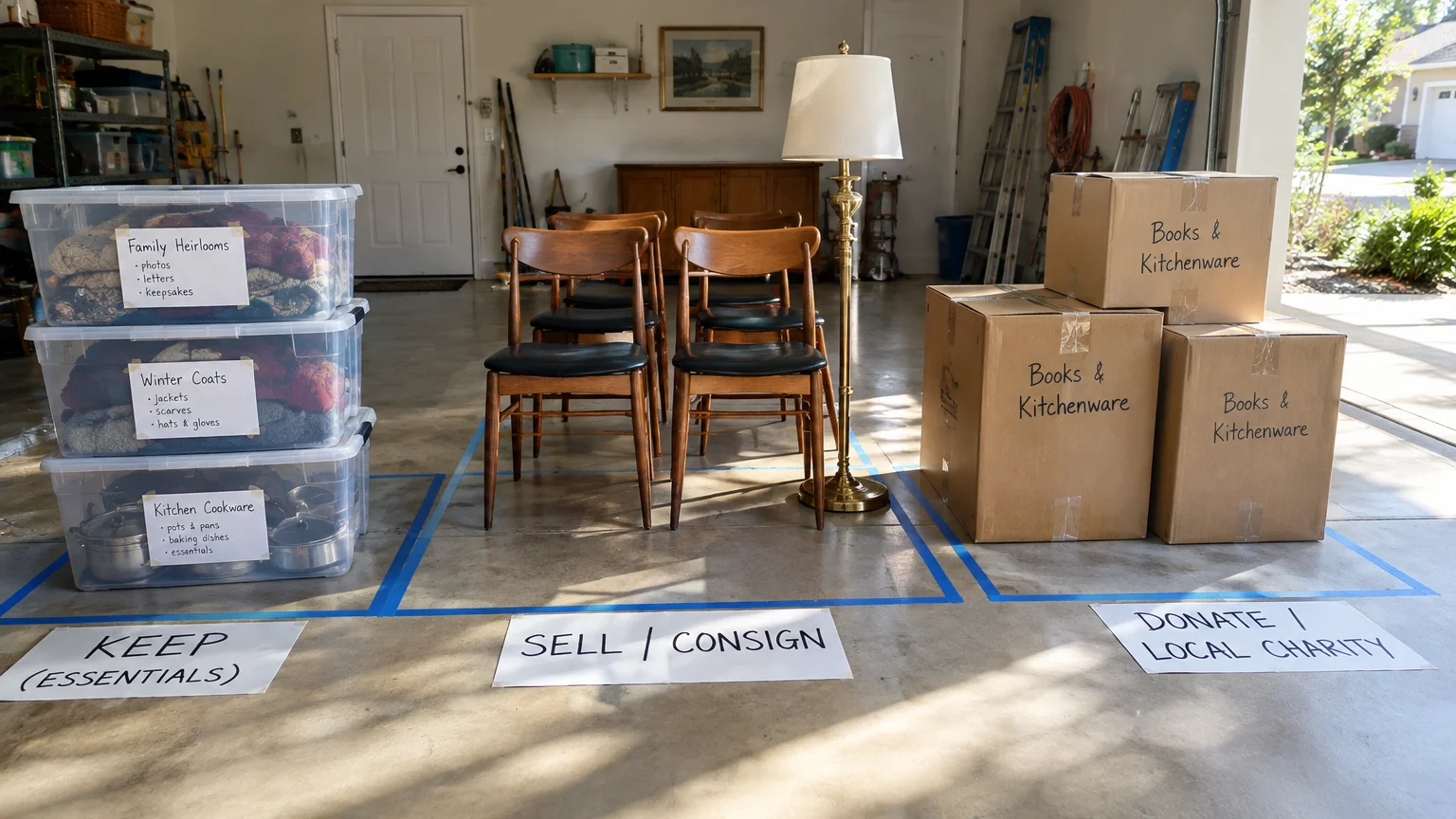 Garage floor with items divided into blue taped sections labeled keep, sell, and donate with bins, chairs, and boxes.