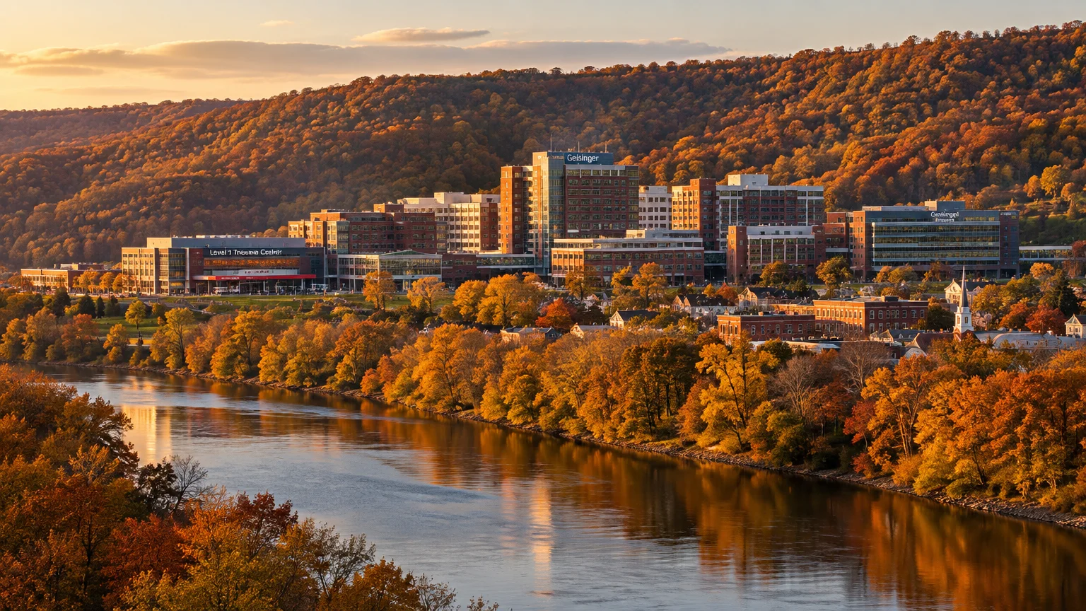 Large hospital complex along an autumn tree-lined river with forested hills in warm sunset light.