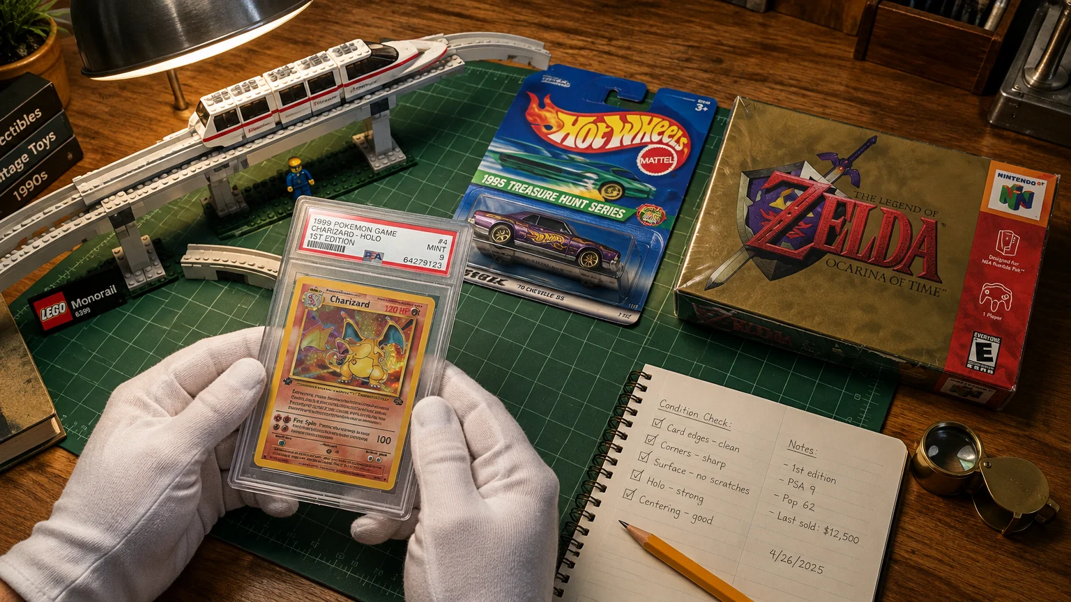 Gloved hands holding a graded 1999 Charizard card on a desk with vintage 1990s toys and a notebook.