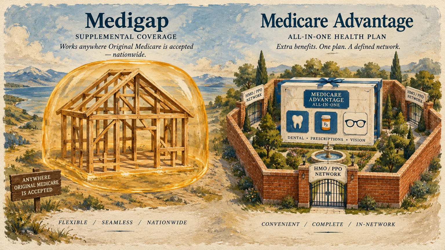 Illustration contrasting a timber frame in an open bubble for Medigap against a walled garden for Medicare Advantage.