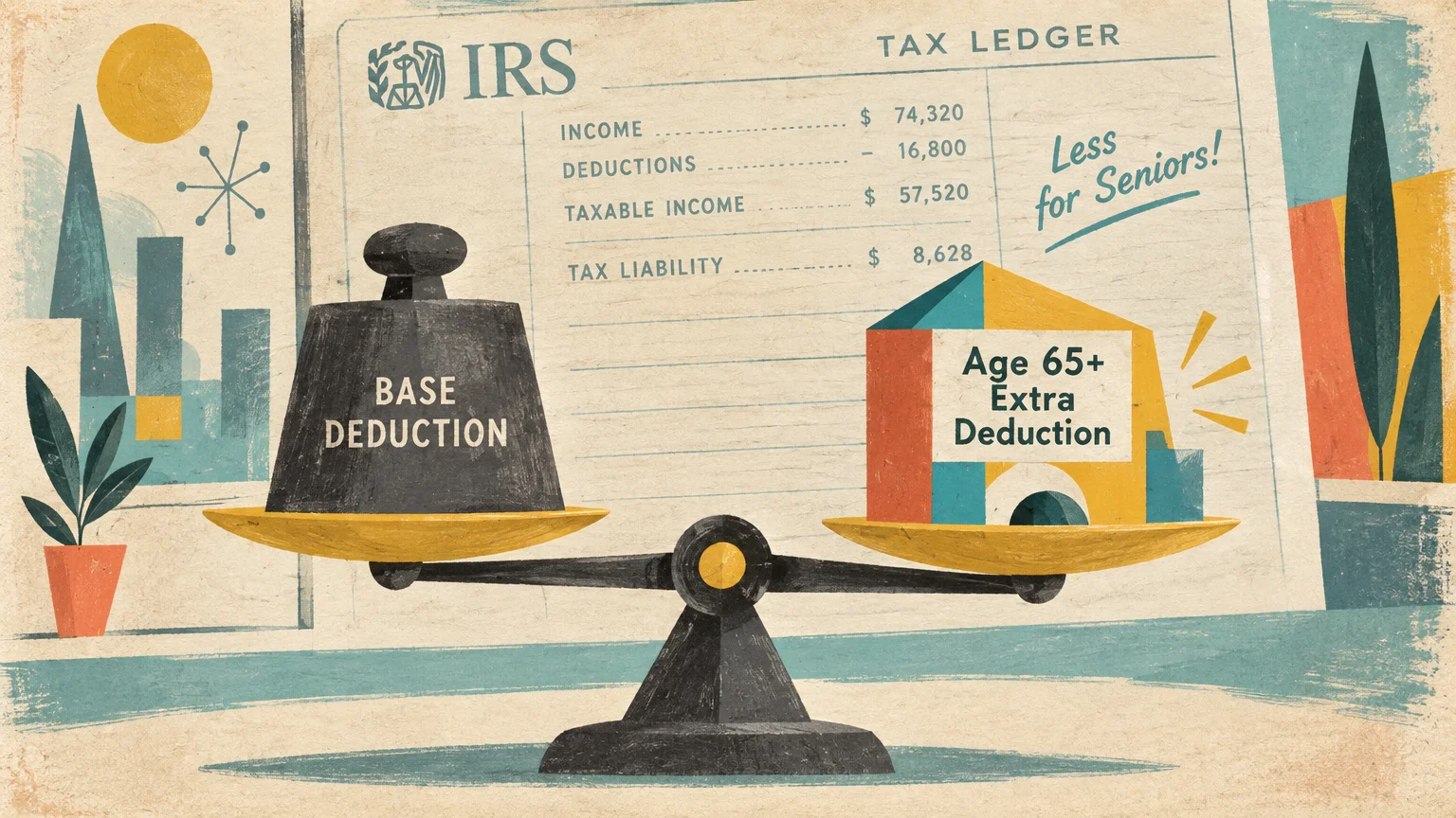 Illustration of a scale balancing a base deduction weight against an extra deduction block in front of an IRS tax ledger.