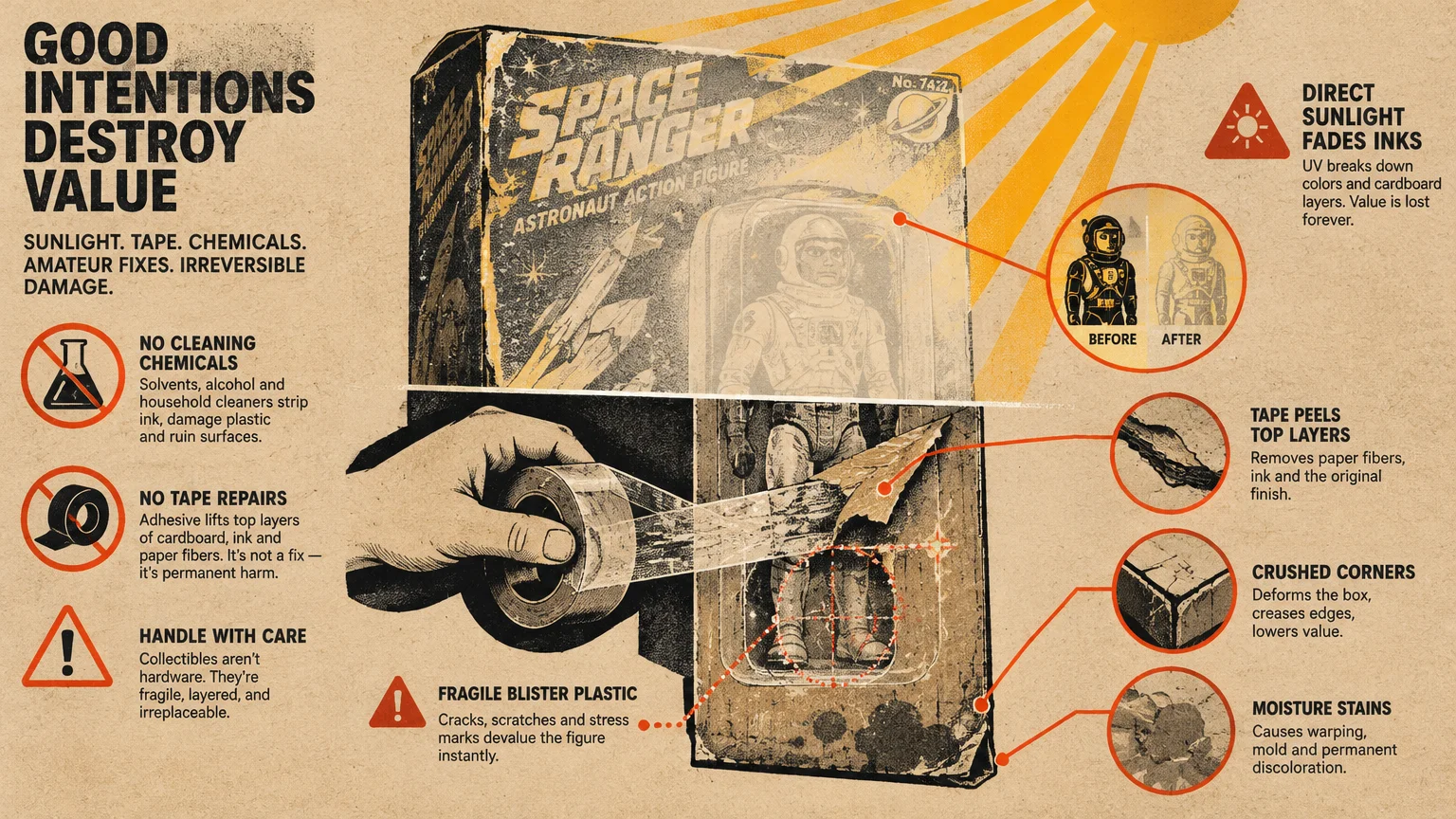 Infographic poster illustrating how tape, cleaning chemicals, and sunlight damage collectible action figure packaging.