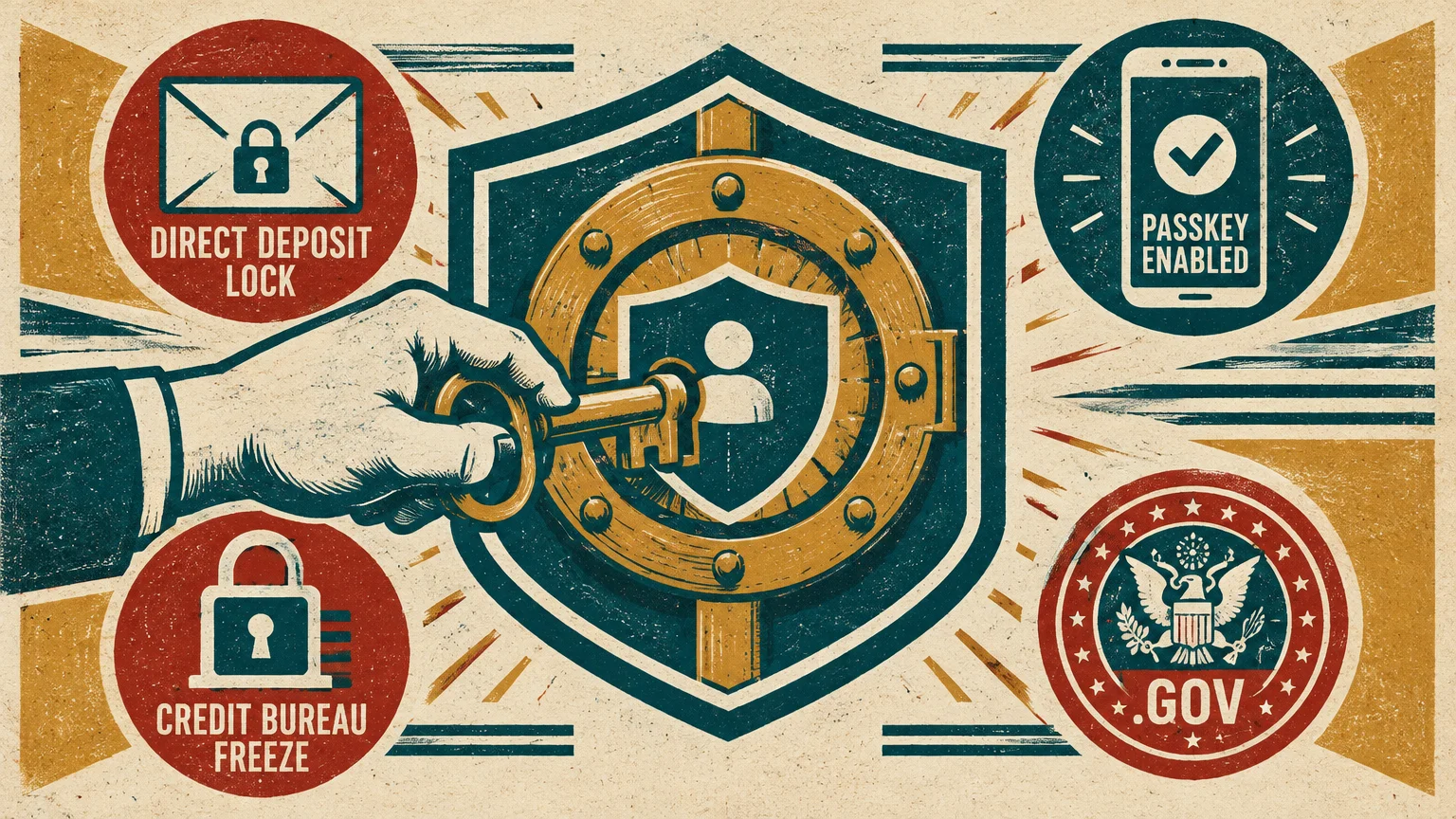 Retro illustration of a hand unlocking a shield vault surrounded by security badges for direct deposit, credit, and passkeys.
