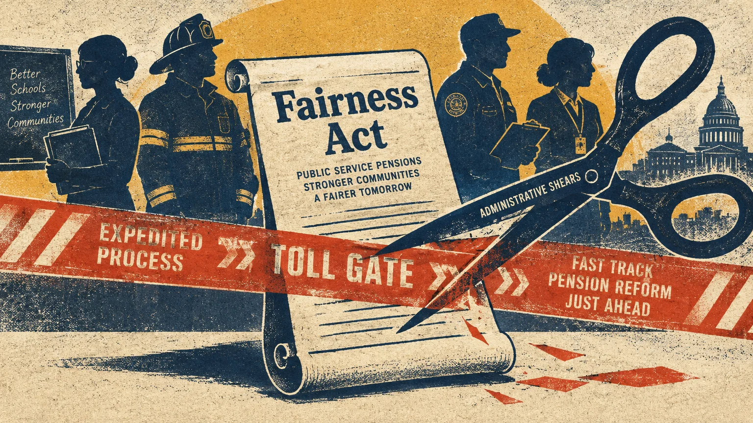Illustration of public workers behind a Fairness Act scroll cut by large scissors labeled Administrative Shears.