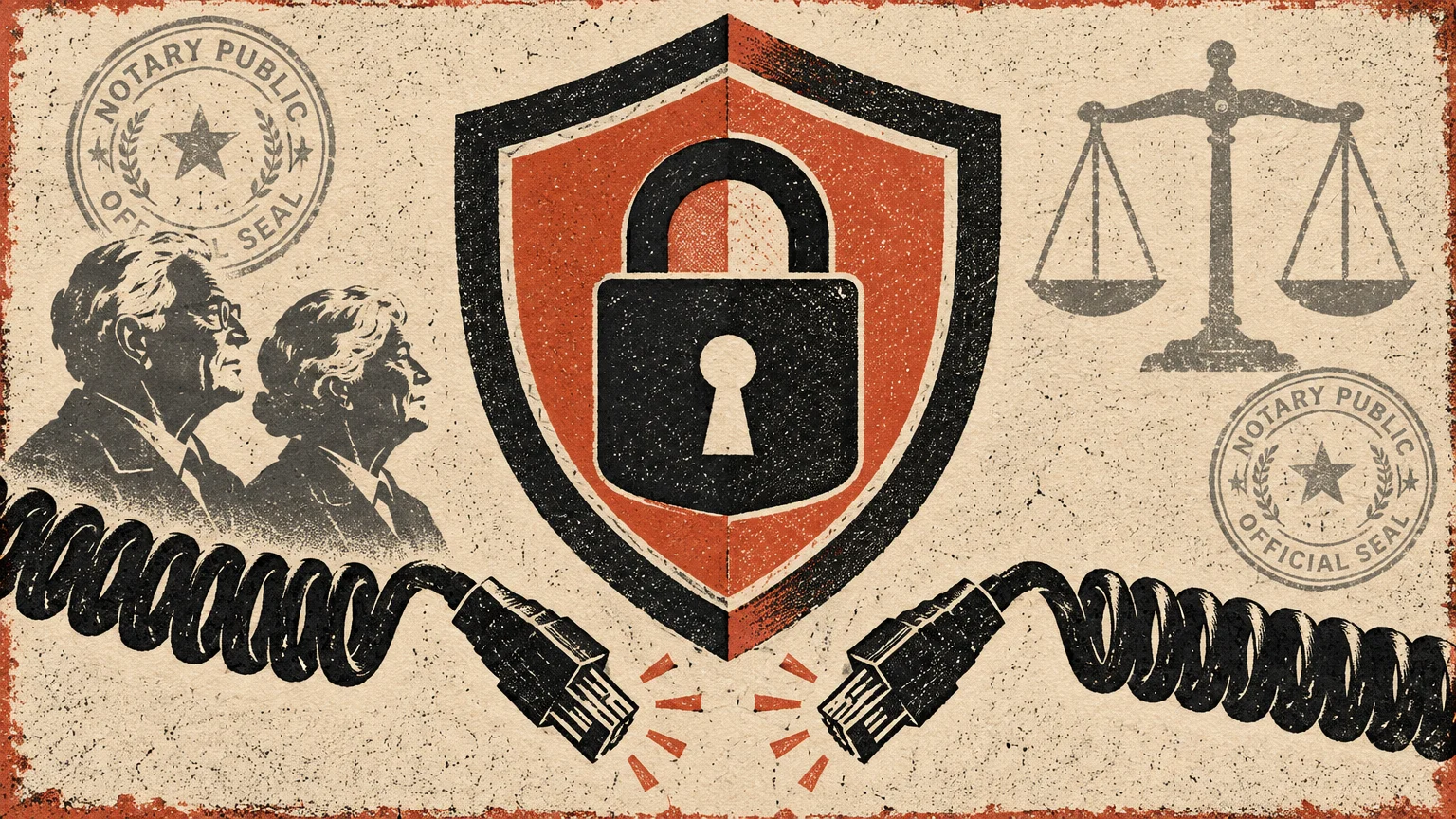 Screenprint illustration with senior profiles, a padlock shield, severed phone cords, legal scales, and notary seals.