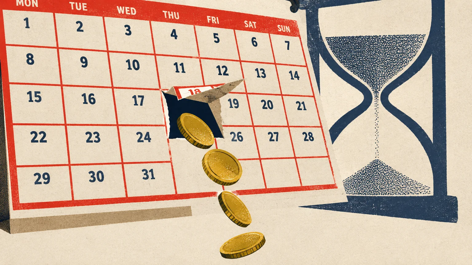 Illustration of gold coins falling from a torn date on a monthly desk calendar beside an hourglass.