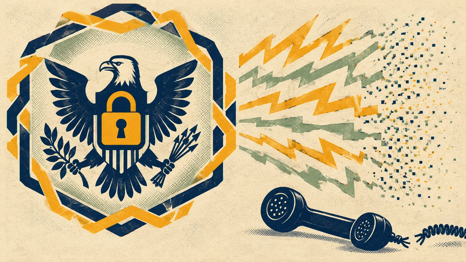 Screenprint illustration of an eagle emblem with a padlock, emitting lightning bolts toward a severed telephone handset.