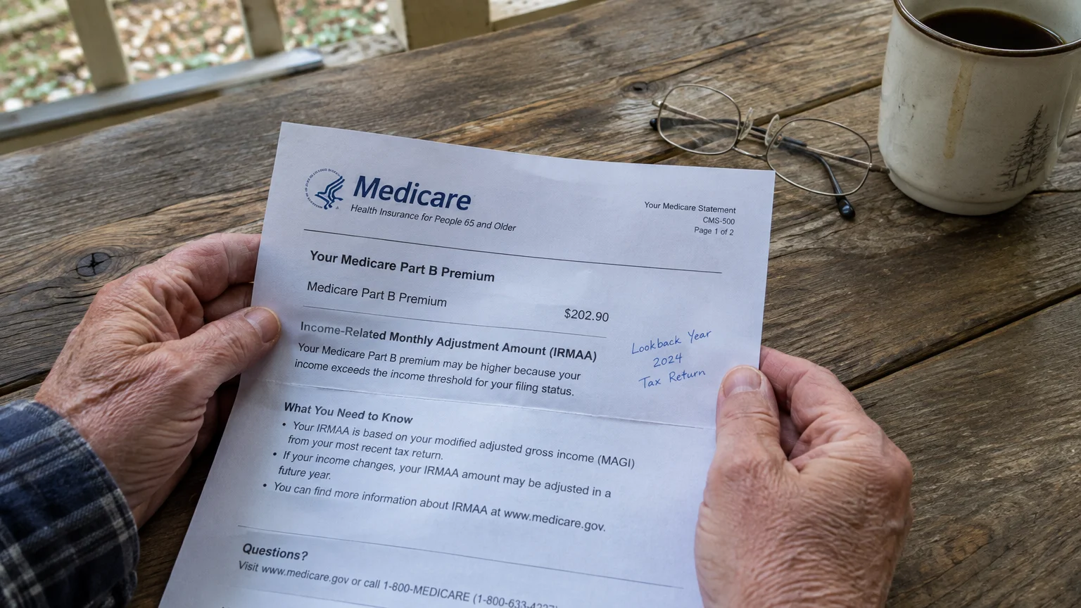 Person holding a printed Medicare statement detailing Part B premiums and IRMAA next to eyeglasses and a coffee mug.